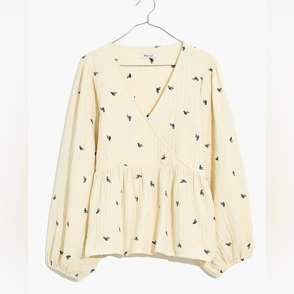 Madewell Antique Cream‎ Lightspun Peplum Wrap Top in Black Tiny Bows Size XS
